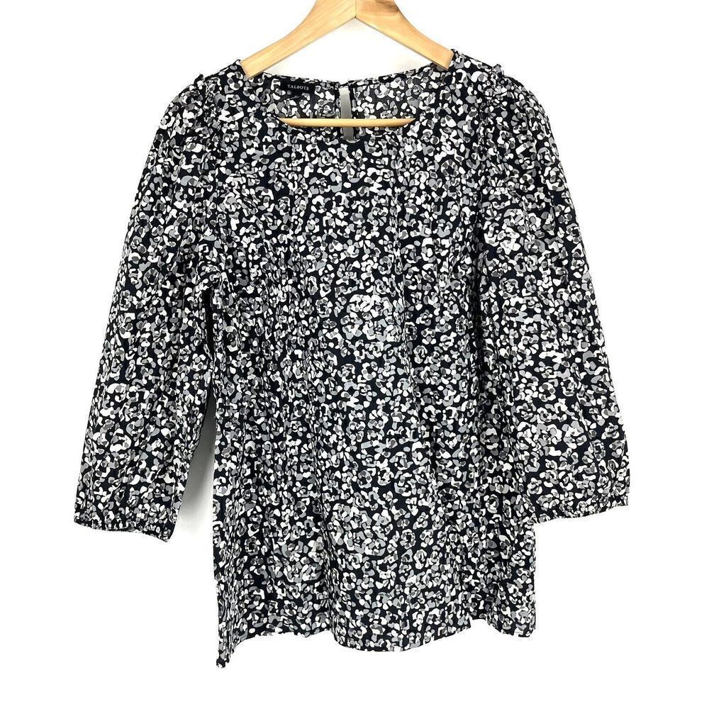 Talbots Shirt Size Medium Womens Black Gray Leopard Print Top Ruffle Blouse